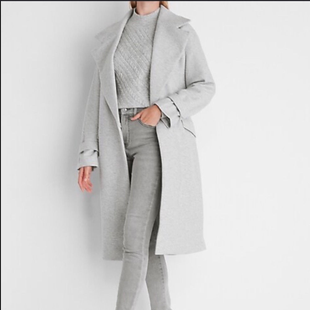Express Grey Wool Blend Wrap‎ Belted Long Coat Jacket Outerwear XL